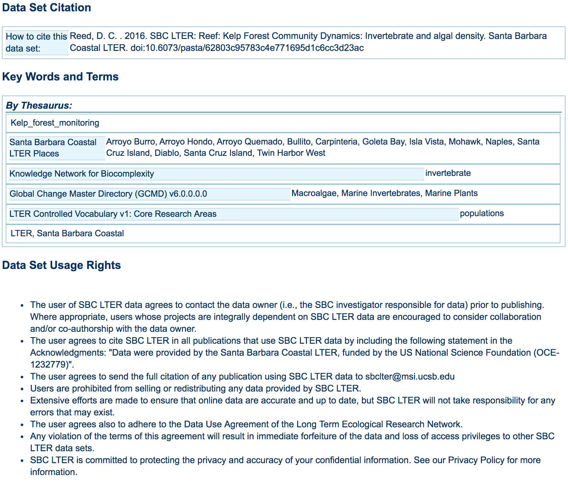 Metadata mage from Santa Barbara LTER